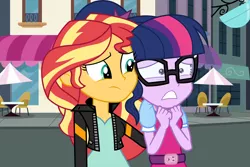 Size: 6000x4000 | Tagged: safe, artist:spottedlions, derpibooru import, sci-twi, sunset shimmer, twilight sparkle, dance magic, equestria girls, spoiler:eqg specials, absurd resolution, chair, clothes, cup, female, glasses, jacket, leather jacket, lesbian, scitwishimmer, shipping, sunsetsparkle, table, teacup, umbrella
