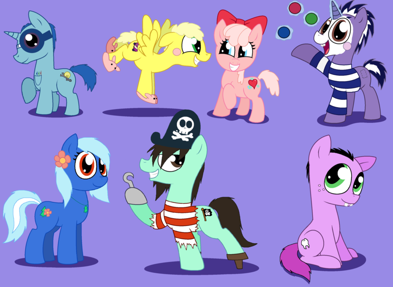 Size: 3004x2192 | Tagged: safe, artist:pupster0071, derpibooru import, ponified, pony, amputee, bucktooth, bunny slippers, clothes, cuddles (happy tree friends), flower, flower in hair, giggles (happy tree friends), glasses, happy tree friends, hook hand, mime, peg leg, petunia (happy tree friends), prosthetic leg, prosthetic limb, prosthetics, purple background, russell (happy tree friends), simple background, slippers, sniffles (happy tree friends), toothy