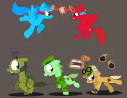 Size: 1024x790 | Tagged: safe, artist:pupster0071, derpibooru import, ponified, alicorn, pony, bomb, brown background, flippy, food, happy tree friends, mouse kaboom, pizza, simple background, sneaky, splendid, weapon