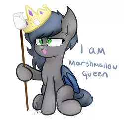 Size: 1110x1080 | Tagged: safe, artist:vanillashineart, derpibooru import, oc, oc:eclipse penumbra, unofficial characters only, bat pony, pony, :p, crown, cute, food, jewelry, marshmallow, regalia, scepter, simple background, solo, tongue out, white background