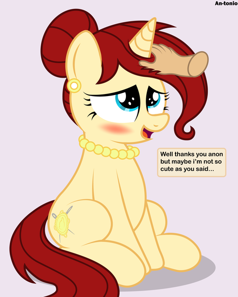 Size: 3600x4500 | Tagged: safe, artist:an-tonio, derpibooru import, oc, oc:golden brooch, unofficial characters only, pony, unicorn, absurd resolution, blushing, collar, cute, disembodied hand, ear piercing, earring, female, hand, implied anon, jewelry, mare, necklace, ocbetes, pearl necklace, petting, piercing, sitting, solo