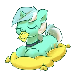 Size: 1106x1100 | Tagged: suggestive, artist:atryl, derpibooru import, edit, lyra heartstrings, pony, unicorn, collar, condom, condom in mouth, cute, eyes closed, lyrabetes, mouth hold, pillow, prone, simple background, solo, transparent background