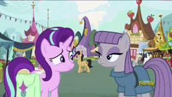 Size: 768x432 | Tagged: safe, derpibooru import, edit, edited screencap, screencap, maud pie, starlight glimmer, pony, rock solid friendship, animated, caption, discovery family logo, floppy ears, gif, grin, nervous, nervous grin, raised eyebrow, saddle bag, shrunken pupils, smiling, starlight's confessions, sweat, too big for derpibooru