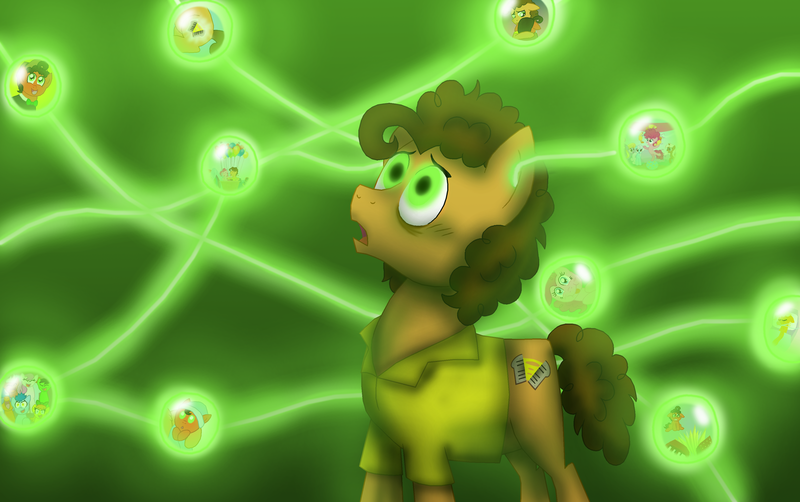 Size: 3565x2237 | Tagged: semi-grimdark, artist:crazynutbob, derpibooru import, cheese sandwich, pinkie pie, oc, oc:tomato sandwich, pony, bags under eyes, glow, glowing eyes, memories, orbs, solo