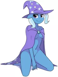 Size: 2302x3050 | Tagged: suggestive, artist:furrgroup, derpibooru import, trixie, anthro, plantigrade anthro, unicorn, adorasexy, bedroom eyes, belly button, bottomless, breasts, cape, clothes, covering, cute, female, floating eyebrows, floppy ears, hat, kneeling, looking at you, nudity, partial nudity, sexy, show accurate clothing, simple background, smiling, solo, solo female, strategically covered, trixie's cape, trixie's hat, white background