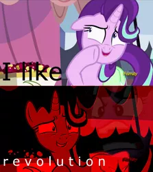 Size: 1280x1437 | Tagged: safe, derpibooru import, edit, edited screencap, screencap, starlight glimmer, pony, rock solid friendship, discovery family logo, exploitable meme, faic, meme, quiet, ragelight glimmer, revolution, solo, stalin glimmer, starlight's confessions