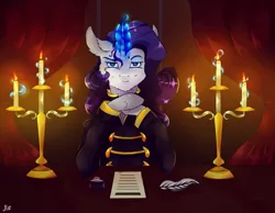 Size: 2269x1762 | Tagged: safe, artist:mirtalimeburst, derpibooru import, rarity, pony, unicorn, the count of monte rainbow, alternate hairstyle, candle, chandelier, crossover, feather, female, ink, looking at you, magic, mare, paper, quill, rarifort, solo, the count of monte cristo, villefort
