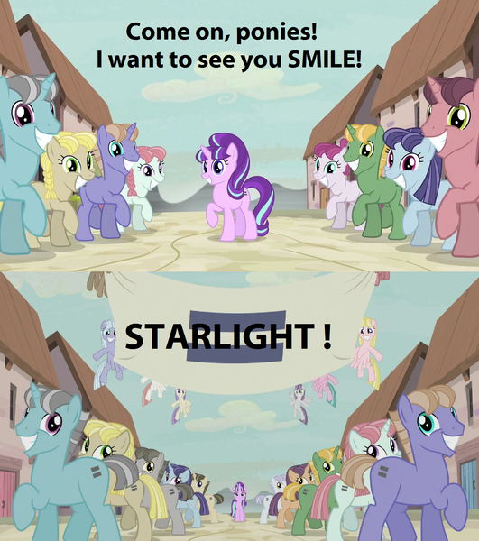 Size: 1254x1418 | Tagged: safe, derpibooru import, edit, edited screencap, screencap, ivy vine, offbeat, starlight glimmer, pony, the cutie map, equalized, moon dust, our town, rosemary