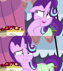 Size: 1256x1406 | Tagged: safe, derpibooru import, edit, edited screencap, screencap, starlight glimmer, pony, unicorn, rock solid friendship, discovery family logo, exploitable meme, image macro, meme, shrunken pupils, solo, starlight's confessions, sweat, template