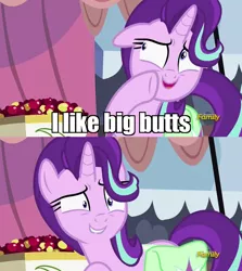 Size: 1256x1406 | Tagged: safe, derpibooru import, edit, edited screencap, screencap, starlight glimmer, pony, unicorn, rock solid friendship, baby got back, discovery family logo, exploitable meme, image macro, meme, shrunken pupils, sir mix-a-lot, solo, song reference, starlight's confessions, sweat