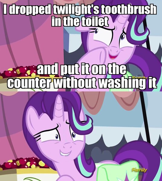 Size: 1256x1406 | Tagged: safe, derpibooru import, edit, edited screencap, screencap, starlight glimmer, pony, unicorn, rock solid friendship, discovery family logo, exploitable meme, image macro, meme, pure unfiltered evil, shrunken pupils, solo, spongebob squarepants, starlight's confessions, sweat, the pink purloiner