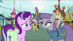 Size: 541x304 | Tagged: safe, derpibooru import, editor:mennydrives, screencap, maud pie, starlight glimmer, pony, rock solid friendship, animated, discovery family logo, exploitable meme, gif, image macro, meme, starlight's confessions