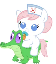 Size: 886x1017 | Tagged: safe, artist:red4567, derpibooru import, gummy, nurse redheart, pony, baby, baby pony, cute, pacifier, ponies riding gators, riding, simple background, white background