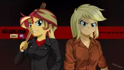 Size: 2560x1440 | Tagged: safe, artist:ngrycritic, derpibooru import, applejack, sunset shimmer, bat, equestria girls, amc, barbed wire, clothes, cosplay, costume, crossover, evil grin, grin, hatless, looking at you, lucille, missing accessory, negan, negan shimmer, rick grimes, smiling, the walking dead, uotapo-ish