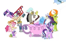 Size: 949x630 | Tagged: safe, artist:dm29, derpibooru import, discord, maud pie, pinkie pie, princess flurry heart, starlight glimmer, thorax, trixie, twilight sparkle, twilight sparkle (alicorn), whammy, alicorn, changedling, changeling, pony, a flurry of emotions, all bottled up, celestial advice, rock solid friendship, anger magic, bottled rage, cinnamon nuts, cup, equestrian pink heart of courage, food, helmet, jalapeno red velvet omelette cupcakes, king thorax, kite, magic, mining helmet, pizza costume, pizza head, reformed four, shopping cart, simple background, stingbush seed pods, teacup, that pony sure does love kites, that pony sure does love teacups, the meme continues, the story so far of season 7, this isn't even my final form, wall of tags, white background
