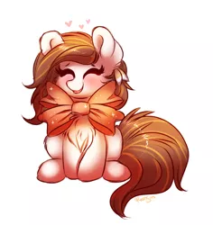 Size: 770x816 | Tagged: safe, artist:confetticakez, derpibooru import, oc, oc:raven sun, unofficial characters only, earth pony, pony, blushing, bow, bowtie, cheek fluff, chest fluff, cute, eyes closed, feather in hair, female, fluffy, happy, heart, hoof fluff, leg fluff, mare, neck bow, ocbetes, open mouth, simple background, sitting, smiling, solo, sparkles, white background
