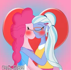 Size: 2512x2448 | Tagged: safe, artist:cyber-murph, derpibooru import, pinkie pie, sugarcoat, equestria girls, blushing, clothes, commission, female, glasses, kissing, lesbian, pigtails, shipping, sugarpink