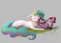 Size: 3508x2480 | Tagged: safe, artist:elbdot, derpibooru import, princess cadance, princess celestia, twilight sparkle, cat, :<, bow, catdance, catified, catlestia, chest fluff, collar, crown, cute, cutedance, cutelestia, dirty, ear fluff, elbdot is trying to murder us, eyes closed, fanfic art, female, floppy ears, fluffy, frown, gray background, grooming, jewelry, kitten, licking, looking at each other, looking back, looking up, momlestia, regalia, simple background, sitting, smiling, species swap, tiara, tongue out, trio, twiabetes, twilight cat