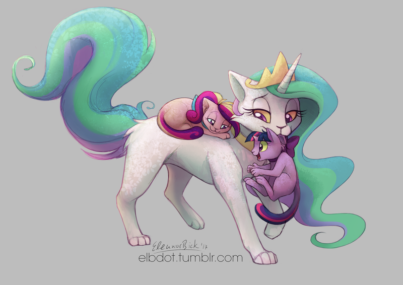 Size: 2893x2045 | Tagged: :3, artist:elbdot, bow, carrying, cat, catdance, catified, catlestia, cute, cutedance, cutelestia, derpibooru import, elbdot is trying to murder us, fanfic art, female, gray background, jewelry, kitten, momlestia, mouth hold, princess cadance, princess celestia, safe, scruff, simple background, species swap, tiara, trio, twiabetes, twilight cat, twilight sparkle