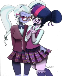 Size: 1024x1229 | Tagged: safe, artist:missmayaleanne, derpibooru import, sci-twi, sugarcoat, twilight sparkle, equestria girls, friendship games, breasts, clothes, crystal prep academy uniform, duo, female, glasses, hand on butt, lesbian, looking at you, looking away, school uniform, shipping, simple background, sugartwi, transparent background