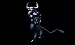 Size: 4000x2400 | Tagged: safe, artist:billyggruff, derpibooru import, iron will, minotaur, pony, black background, glowing eyes, multiple horns, simple background, solo