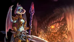 Size: 2000x1125 | Tagged: anthro, armor, artist:nemo2d, belly button, bloodstone scepter, breasts, derpibooru import, dragon, dragoness, dragon lord ember, dragon lord torch, duo, father and daughter, female, gauntlet of fire, princess ember, safe, serious, serious face, sword, unconvincing armor, weapon