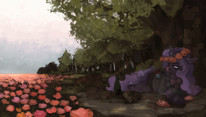 Size: 4200x2400 | Tagged: safe, artist:celestiawept, derpibooru import, oc, oc:tender thought, unofficial characters only, pony, unicorn, absurd resolution, alcohol, basket, book, bottle, clothes, cup, drinking, floral head wreath, flower, flower field, forest, lidded eyes, looking at something, magic, picnic, picnic basket, prone, solo