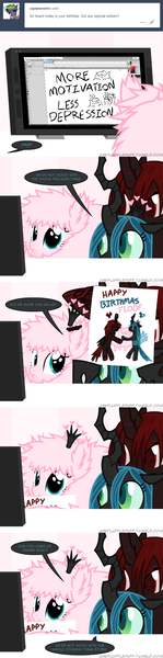 Size: 650x2625 | Tagged: safe, artist:mixermike622, derpibooru import, queen chrysalis, oc, oc:fluffle puff, oc:marksaline, changeling, pony, tumblr:ask fluffle puff, ask, birthday, comic, computer, drawing, hug, sad, tumblr