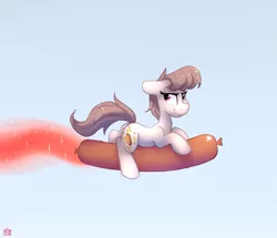 Size: 1673x1438 | Tagged: safe, artist:tallaferroxiv, deleted from derpibooru, derpibooru import, oc, oc:hot dogger, unofficial characters only, pony, female, food, gradient background, hot dog, lidded eyes, looking back, mare, meat, prone, riding, sausage, smiling, solo, wat