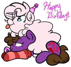 Size: 2917x2778 | Tagged: safe, artist:befishproductions, derpibooru import, oc, oc:befish, oc:fluffle puff, unofficial characters only, pony, cake, clothes, food, hat, high res, party hat, party horn, signature, simple background, socks, striped socks, tongue out, transparent background