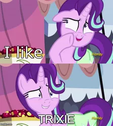 Size: 500x559 | Tagged: safe, derpibooru import, edit, edited screencap, screencap, starlight glimmer, trixie, pony, unicorn, rock solid friendship, exploitable meme, female, implied lesbian, implied shipping, implied startrix, lesbian, mare, meme, shipping, solo, starlight's confessions, startrix, text