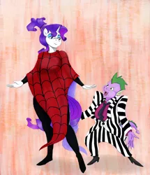 Size: 1100x1280 | Tagged: safe, artist:amaraburrger, artist:cabrony, color edit, derpibooru import, edit, rarity, spike, anthro, dragon, beetlejuice, breasts, clothes, colored, cosplay, costume, female, lydia, lydia deetz, male, shipping, sparity, straight