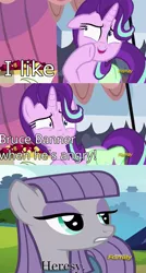 Size: 887x1656 | Tagged: safe, derpibooru import, edit, edited screencap, screencap, maud pie, starlight glimmer, pony, rock solid friendship, bruce banner, discovery family logo, exploitable meme, heresy, meme, obligatory pony, starlight's confessions, the incredible hulk, wrong aspect ratio