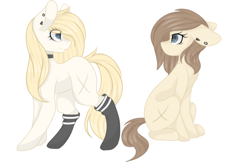 Size: 1024x699 | Tagged: safe, artist:cinnamontee, derpibooru import, oc, oc:tegan, unofficial characters only, earth pony, pony, choker, clothes, duo, ear piercing, earring, female, floppy ears, jewelry, mare, piercing, simple background, sitting, socks, transparent background
