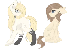Size: 1024x699 | Tagged: safe, artist:cinnamontee, derpibooru import, oc, oc:tegan, unofficial characters only, earth pony, pony, choker, clothes, duo, ear piercing, earring, female, floppy ears, jewelry, mare, piercing, simple background, sitting, socks, transparent background