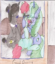 Size: 1648x1928 | Tagged: safe, artist:wyren367, derpibooru import, oc, oc:folklore, oc:marina, oc:scratch build, unofficial characters only, pony, hug, one eye closed, picture frame, sitting, traditional art, wrong aspect ratio