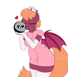 Size: 1280x1447 | Tagged: safe, artist:notenoughapples, derpibooru import, oc, oc:anon, oc:capillary, unofficial characters only, anthro, bat pony, anthro oc, ask, clothes, crying, evening gloves, eyes closed, gloves, heart, kissing, long gloves, nurse, nurse outfit, simple background, stockings, thigh highs, tumblr, white background