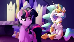 Size: 3840x2160 | Tagged: safe, artist:rubywave32, derpibooru import, princess celestia, twilight sparkle, twilight sparkle (alicorn), alicorn, pony, celestial advice, cutie map, duo, female, friendship throne, laughing, mare, twilight's castle