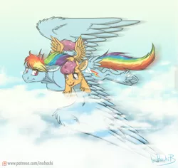 Size: 900x850 | Tagged: safe, artist:inuhoshi-to-darkpen, derpibooru import, rainbow dash, scootaloo, pegasus, pony, cloud, duo, feathered fetlocks, female, filly, flying, mare, multicolored hair, patreon, ponies riding ponies, scootalove, sky, underhoof, unshorn fetlocks