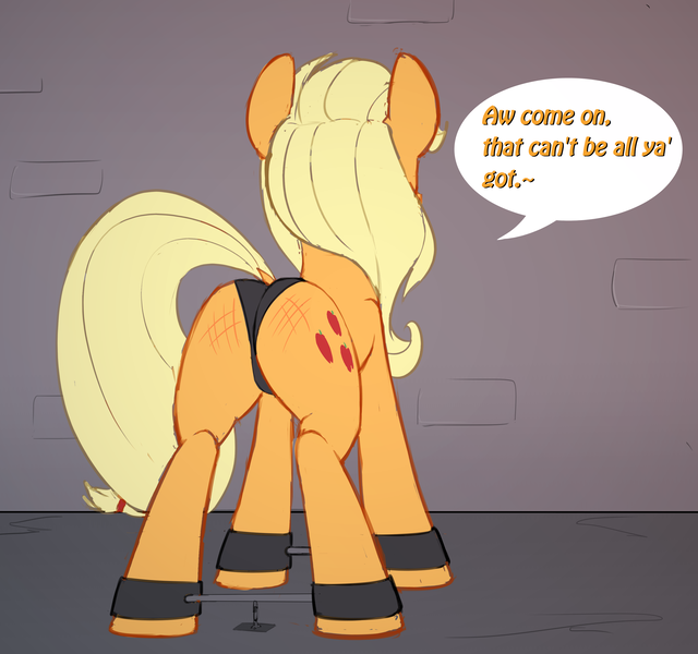 Size: 3200x3000 | Tagged: suggestive, artist:june34rd, derpibooru import, applejack, earth pony, pony, applebutt, applejack is a spankaholic, bondage, bondage furniture, chains, clothes, dock, dungeon, female, mare, panties, plot, rear view, solo, solo female, spank mark, spanking, spreader bar, tether, underwear