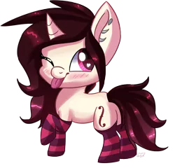 Size: 1228x1180 | Tagged: safe, artist:lyrakitty, derpibooru import, oc, unofficial characters only, pony, unicorn, clothes, female, mare, one eye closed, simple background, socks, solo, striped socks, tongue out, transparent background, wink