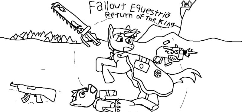 Size: 1109x516 | Tagged: safe, derpibooru import, pony, fallout equestria, fallout equestria: return of the king, fanfic, ak-47, arbiter, assault rifle, bolter, canterlot, chainsword, cloak, clothes, everfree forest, fanfic art, gun, ms paint, raider, rifle, robe, shield, sketch, the priesthood of flutterwest, warhammer (game), warhammer 40k, weapon