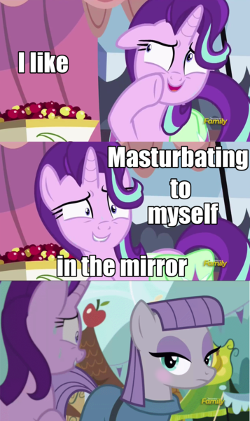 Size: 1256x2110 | Tagged: questionable, derpibooru import, edit, edited screencap, screencap, maud pie, starlight glimmer, pony, rock solid friendship, blushing, discovery family logo, exploitable meme, image macro, meme, narcissism, screencap comic, solo, starlight's confessions