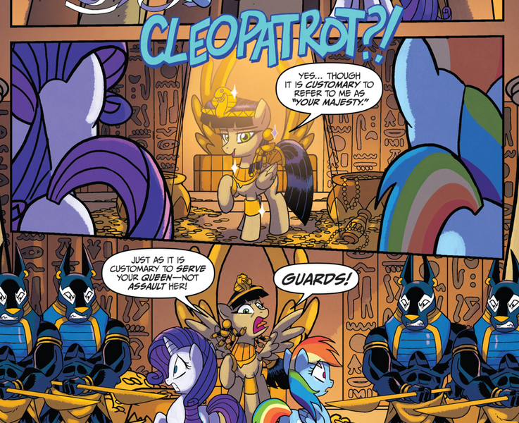Size: 876x713 | Tagged: safe, artist:tonyfleecs, derpibooru import, idw, queen cleopatrot, rainbow dash, rarity, jackal, pegasus, pony, unicorn, from the shadows, spoiler:comic, spoiler:comic53, comic, cropped, female, mare, official comic, queen, spear, speech bubble, weapon