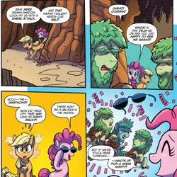 Size: 862x863 | Tagged: safe, artist:tonyfleecs, derpibooru import, idw, applejack, pinkie pie, earth pony, pony, from the shadows, spoiler:comic, spoiler:comic53, cave pony, comic, cropped, female, male, mare, official comic, speech bubble, stallion, sunglasses, the matrix