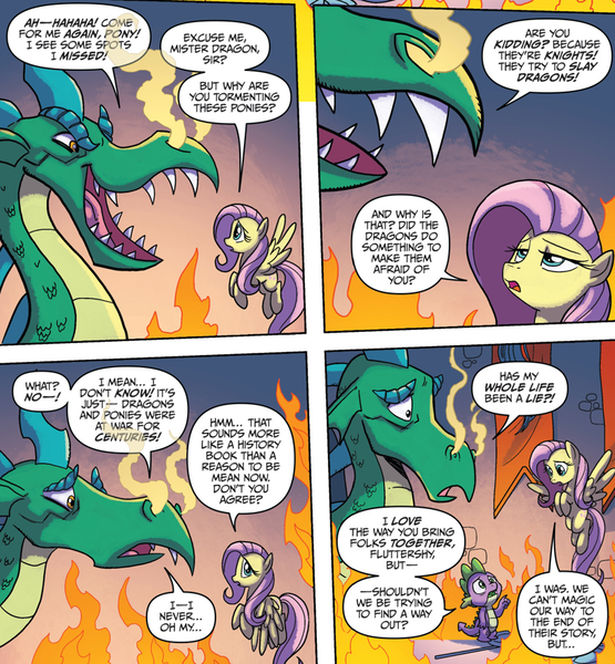 Size: 825x892 | Tagged: safe, artist:tonyfleecs, derpibooru import, idw, fluttershy, spike, dragon, pegasus, pony, from the shadows, spoiler:comic, spoiler:comic53, comic, cropped, female, fire, male, mare, official comic, open mouth, smoke, speech bubble