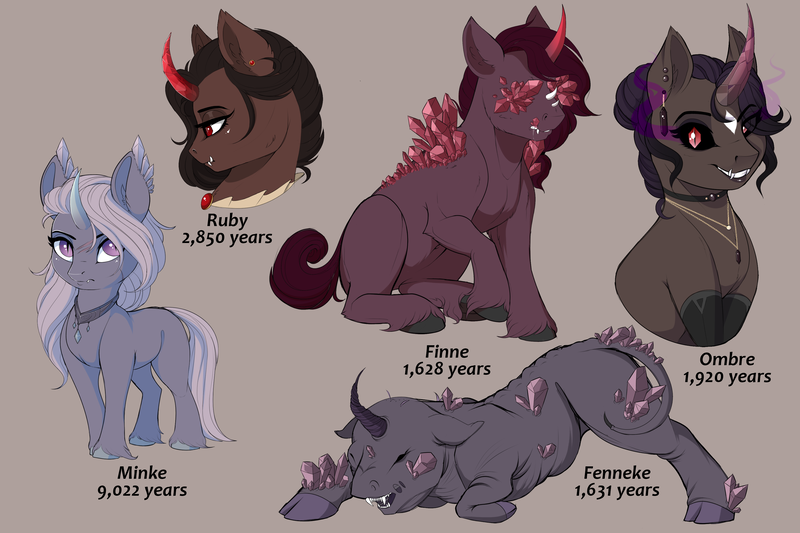 Size: 3300x2200 | Tagged: semi-grimdark, artist:evehly, derpibooru import, oc, oc:empress ruby, oc:fenneke, oc:finne, oc:minke, oc:ombre, unofficial characters only, pony, umbrum, body horror, cloven hooves, crystal, curved horn, fangs, female, male, mare, scar, stallion, unshorn fetlocks