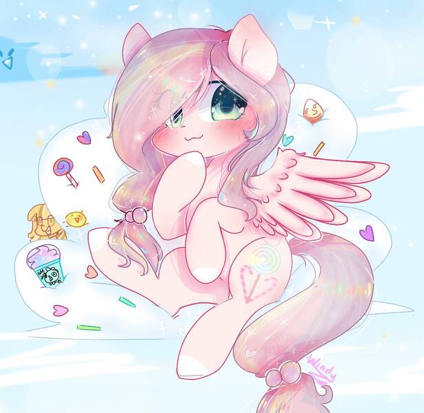 Size: 1156x1127 | Tagged: safe, artist:windymils, derpibooru import, oc, oc:lightly candy, unofficial characters only, pegasus, pony, candy, cute, female, food, looking at you, mare, ocbetes, smiling, solo