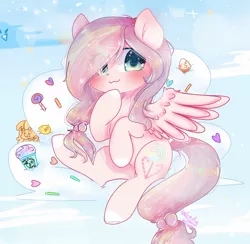 Size: 1156x1127 | Tagged: safe, artist:windymils, derpibooru import, oc, oc:lightly candy, unofficial characters only, pegasus, pony, candy, cute, female, food, looking at you, mare, ocbetes, smiling, solo