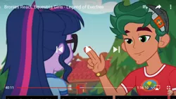 Size: 1334x750 | Tagged: safe, derpibooru import, screencap, sci-twi, timber spruce, twilight sparkle, bronies react, equestria girls, legend of everfree, bracelet, camp everfree logo, camp everfree outfits, female, fourth wall, glasses, jewelry, male, rear view, shipping, straight, timbertwi, tree, youtube